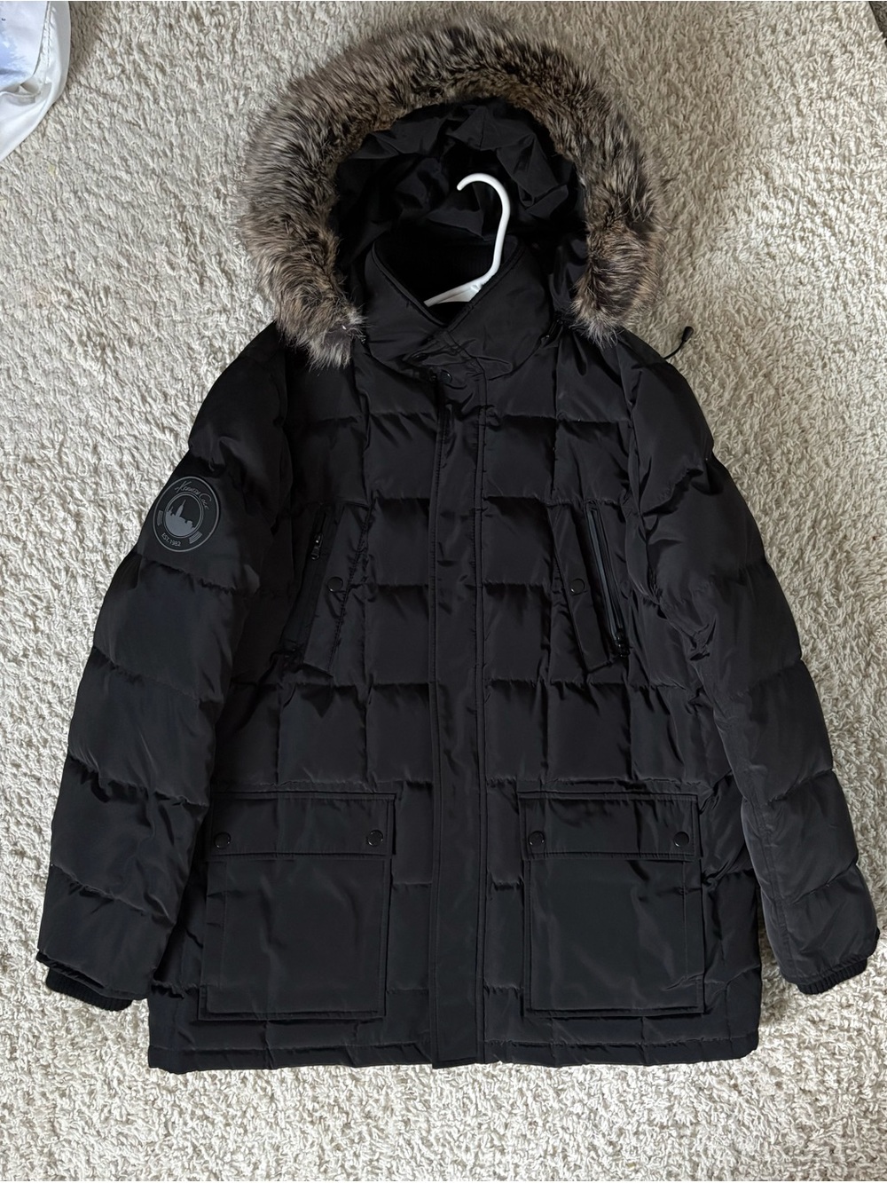 Kenneth Cole Black Puffer Parka with Faux Fur Trimmed Hood